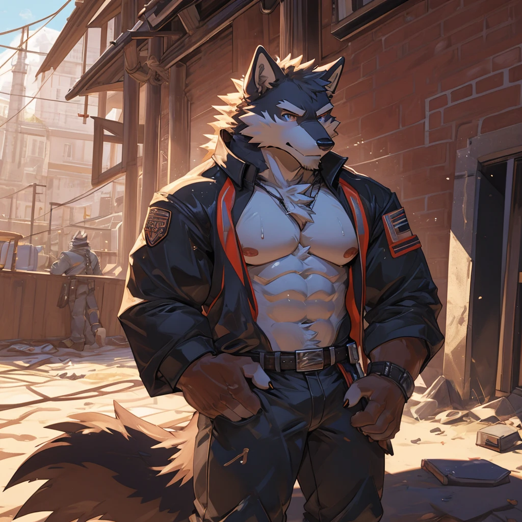 masterpiece, best quality, furry, wolf, handsome, detailed eyes, masculine, sweaty, construction worker, bara, musk, musky, construction site, construction outfit,topless