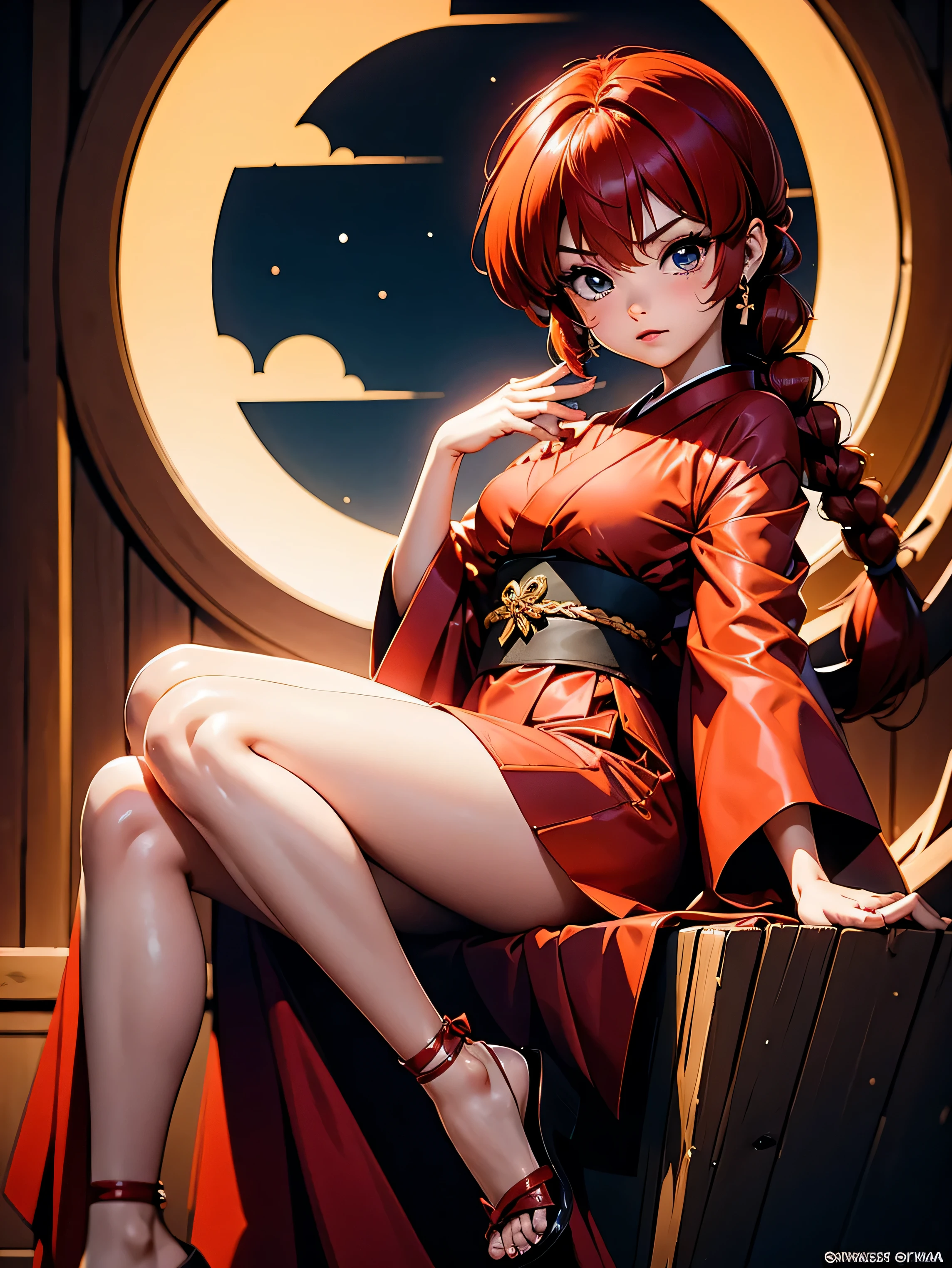 Redhead anime girl with fixed ears and wearing red kimono, 16 yrs old, Body cute, breasts big, with hands behind head, running your hands through your hair, sexy girl, red short hair with braid, side hair highlights, locks of hair on the side of the face, beautiful lighting, softshadows, blue colored eyes, pretty legs, short hair with braid, anime styling, ranma chan, Autora Rumiko Takahashi, Based on a work by Rumiko Takahashi, Anime Ranma 1/ 2, decote sexy, robust hip, fully body, fully body, Bust Big, young girl with fox ears, beautiful and beautiful body, sandals on his feet, garota 16 yrs old jovem baixa estatura, wearing red kimono, anime girl, anime styling, beautiful feet in sandals, front view angle, plein-air, red hair braid, ears fox, upright posture, eyes large, red kimono