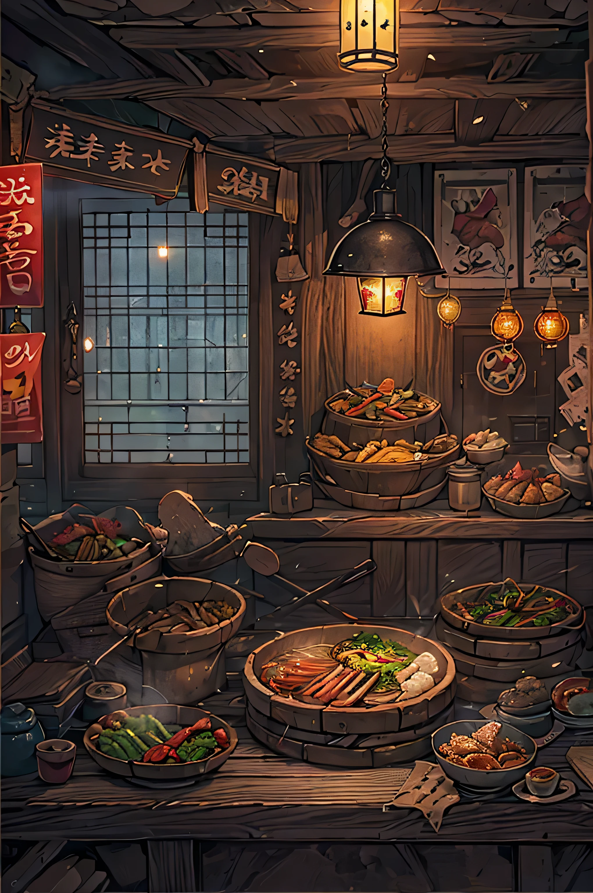 (obra de arte), melhor qualidade, Muito detalhado, arte de fantasia, Restaurante tradicional oriental, Atmosfera de restaurante tradicional coreano, Atmosfera de barraca de comida interna, Atmosfera antiga dos anos 1600, Mostrado apenas como plano de fundo, ninguém, Iluminação em um ambiente escuro no meio da noite,