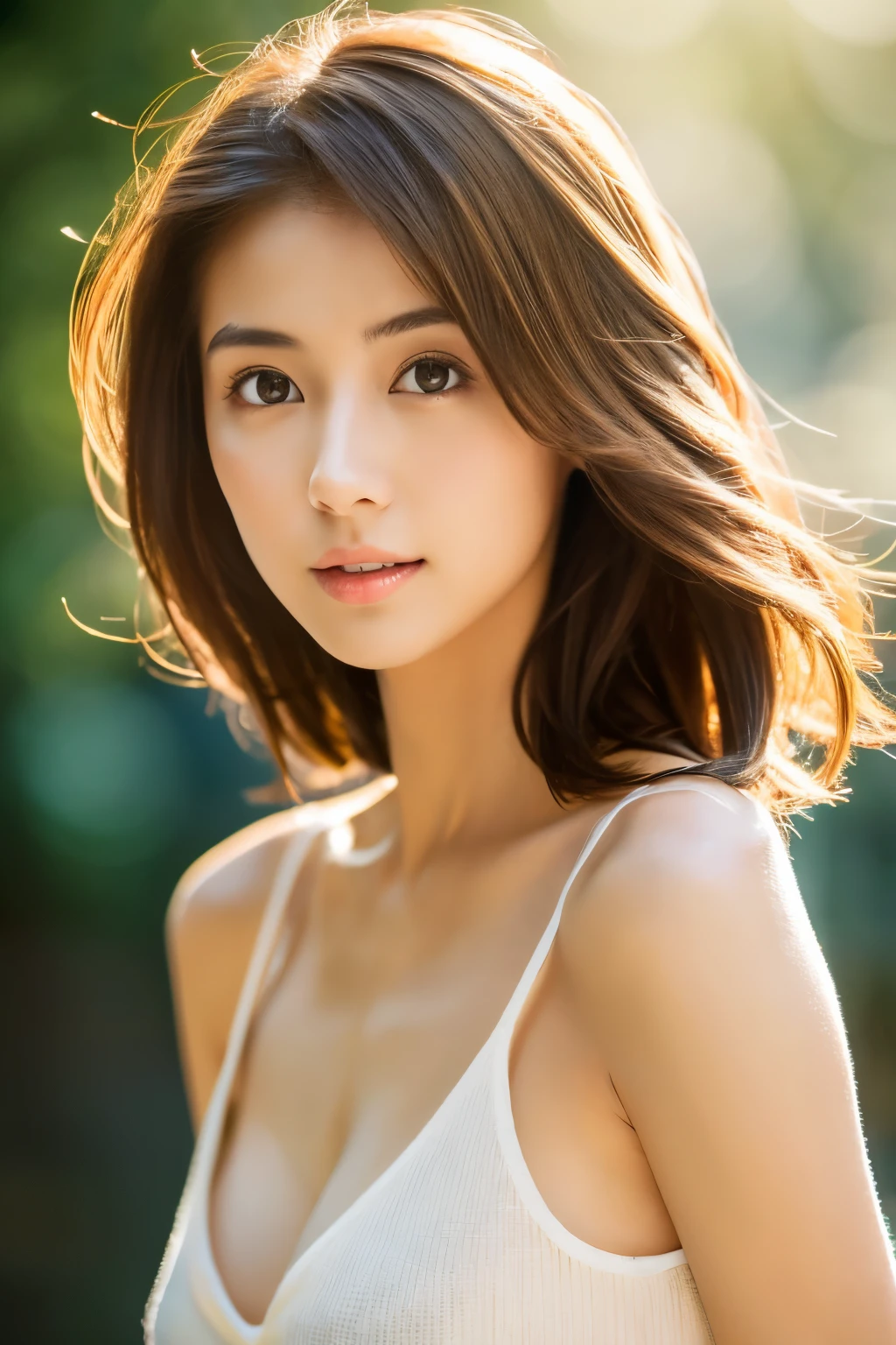 masterpiece, Best Quality, 8K, 1girl, Correct human hands, correct human fingers, Skinny Japanese woman, Cute, Girly, Delicate woman, Neat and clean beauty, small breast, very thin waist, sexy lips, luminescence, Looking away, Raw photo, F/1.8, 135 mm, CANON, Anatomically correct, bokeh，Textured skin, Professional Photography, Soft light, Professional Lighting, back light, Film grain, (Eyes and faces with detailed:1.0), brown hair, medium hair swaying in the wind, Silk Blouse,