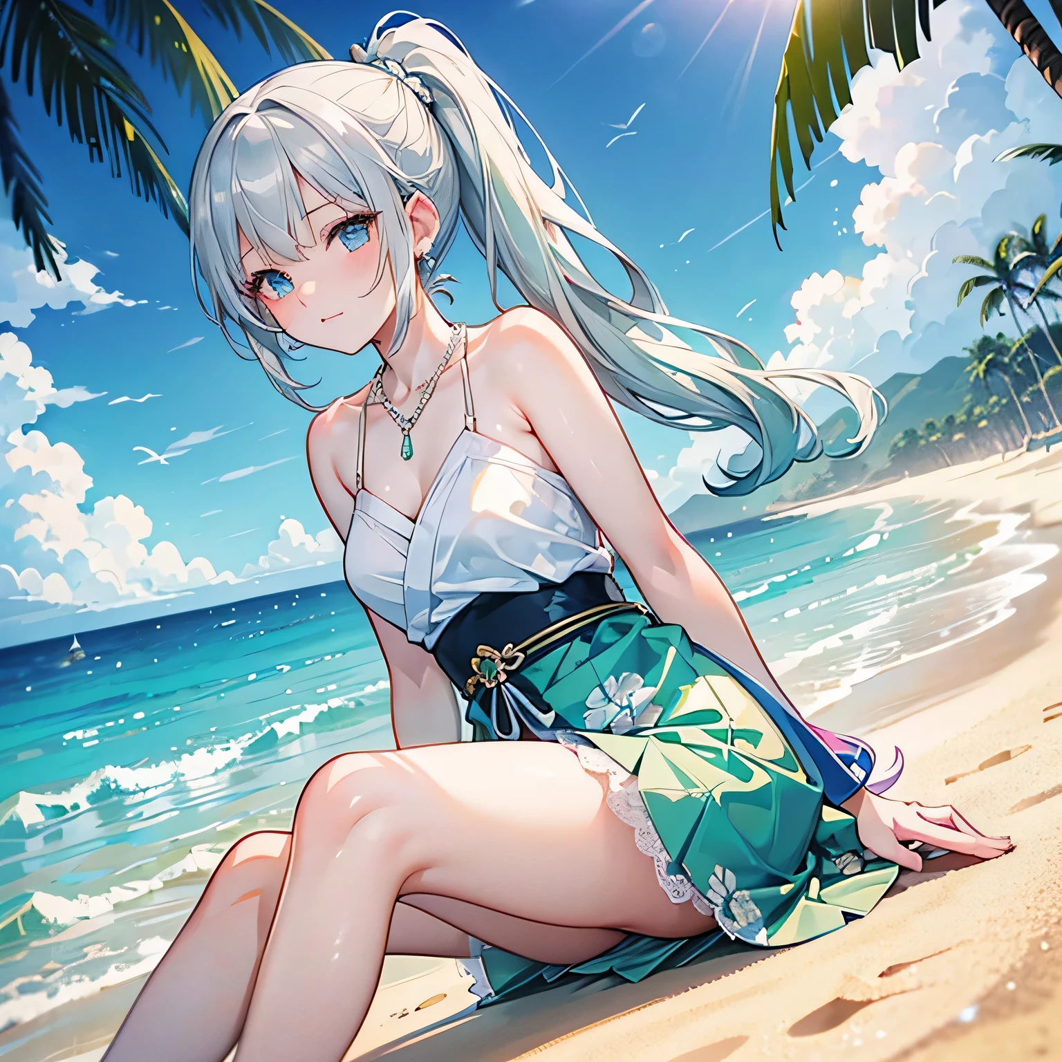 low angle,from below, ((masterpiece, highest resolution,best quality)), (illustration), ((1girl,cute,japanese,young,semi long beautiful silver green hair,side ponytail,beautiful blue eyes)),(solo),(flower printed elegant one piece swimsuit,flair mini skirt),(flat sitting on the sand),
innocent smile, white over-kneehighs,Lace chalker, wristband, fingerless gloves, over-kneehighs,
Lace chalker, diamond necklace,wristband, fingerless gloves, earrings, windy,cinematic lighting, beach, sand, blue sky, waves, coconut tree,