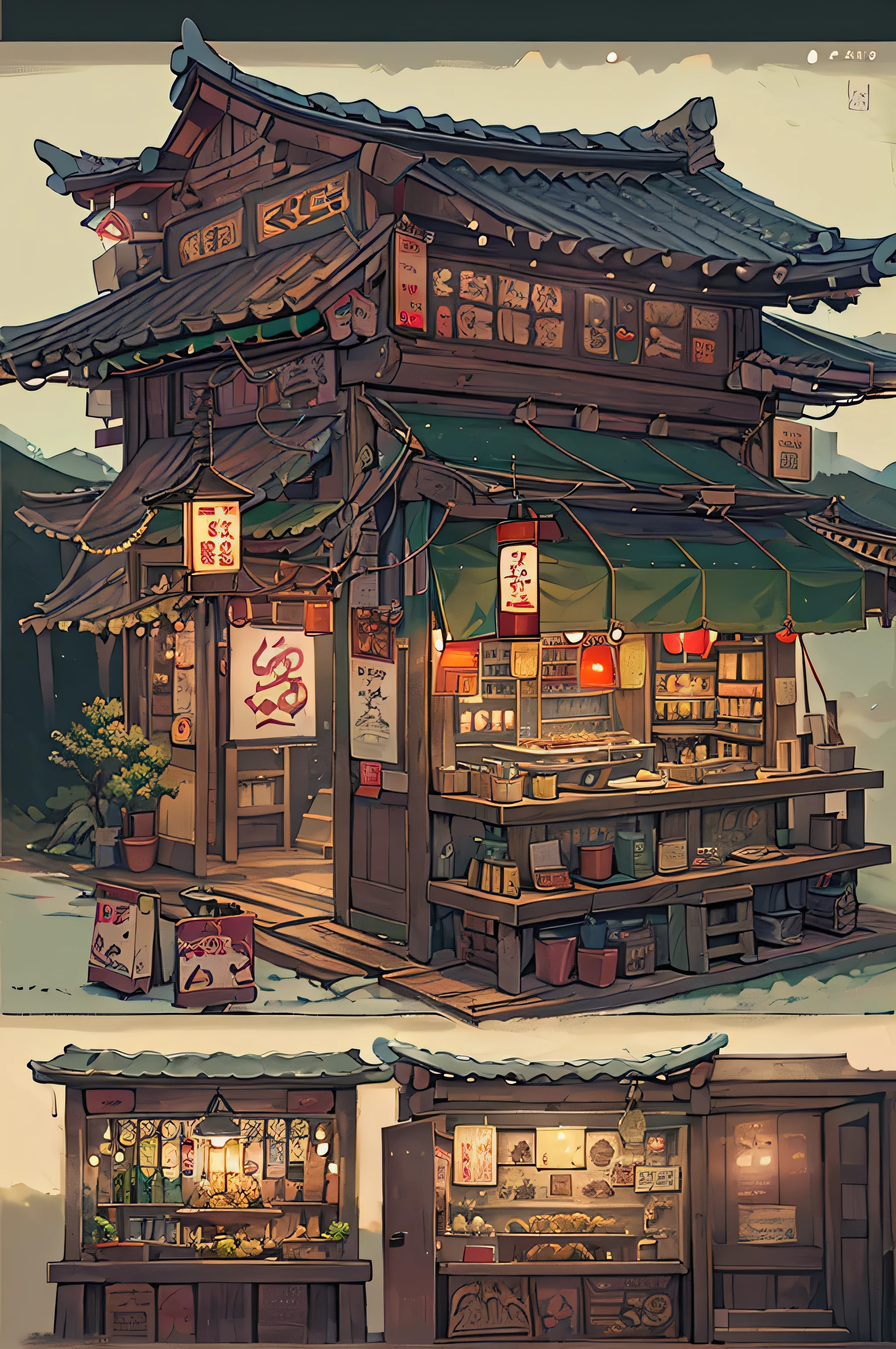 (masterpiece), best quality, very detailed, fantasy art, Oriental traditional restaurant, Korean traditional restaurant atmosphere, Indoor food stall atmosphere, Old atmosphere from the 1600s, Shown only as background, no people, Lighting in a dark atmosphere in the middle of the night,