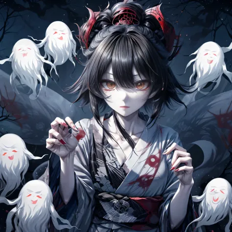Havoc, Lots of yokai,(((Hundreds of Ghosts at Night))), 8K,(((A black-haired Yukionna in the center)))