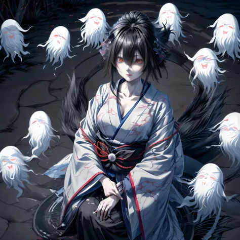 havoc, lots of yokai,(((hundreds of ghosts at night))), 8k,(((a black-haired yukionna in the center)))