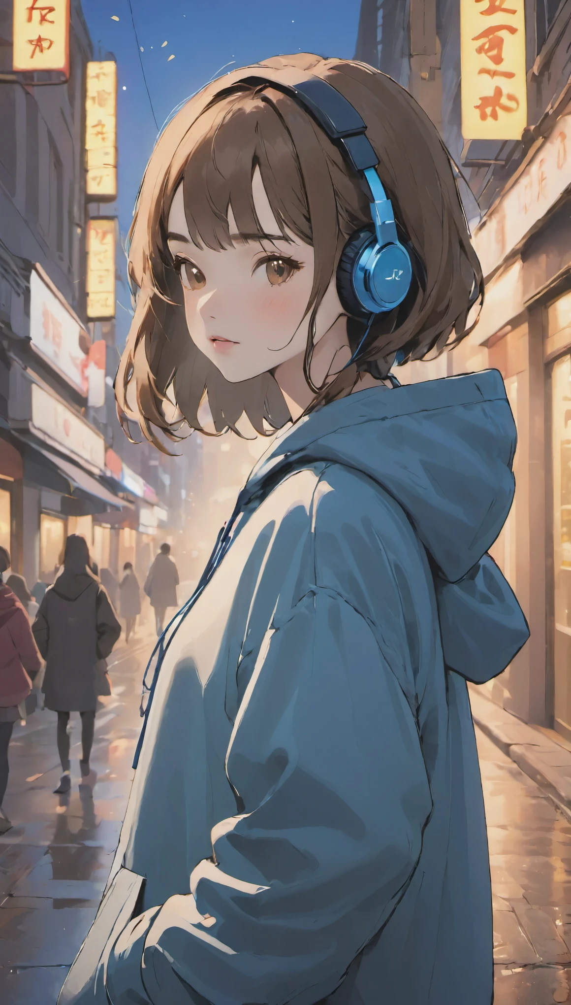 sonyのheadphoneを着用している:1.5、headphone、one girl、Magical girl、perfect anatomy、small face、plump lips、brown hair、Characteristic hairstyle、look of suspicion、Modern hoodies、knee socks、(((blurred background、street corner、everyday scenery)))、highest quality、High resolution、High resolution、cinematic lighting、professional photographer