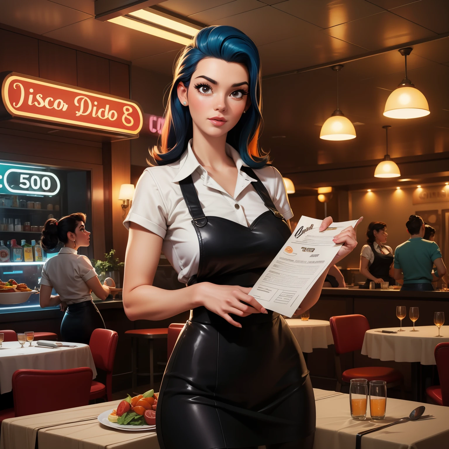 woman in apron holding a menu in a дискотека with дискотекаs in the background, wearing rr дискотека uniform, at a 5 0 s дискотека, inдискотека, ( официантка ) девочка, in a 5 0 s дискотека, 5 0's дискотека, retro стиль 50-х годов, дискотека scene, стиль 50-х годов, стиль 50-х годов, Макет ретро-постера, дискотека，нежное лицо, красивое лицо，Волосы Помпадур，винтажный стиль булавки, сексуальный, сюрприз, мини-узкая юбка, струящаяся юбка, Сочетание цвета оранжевой юбки и голубой рубашки,