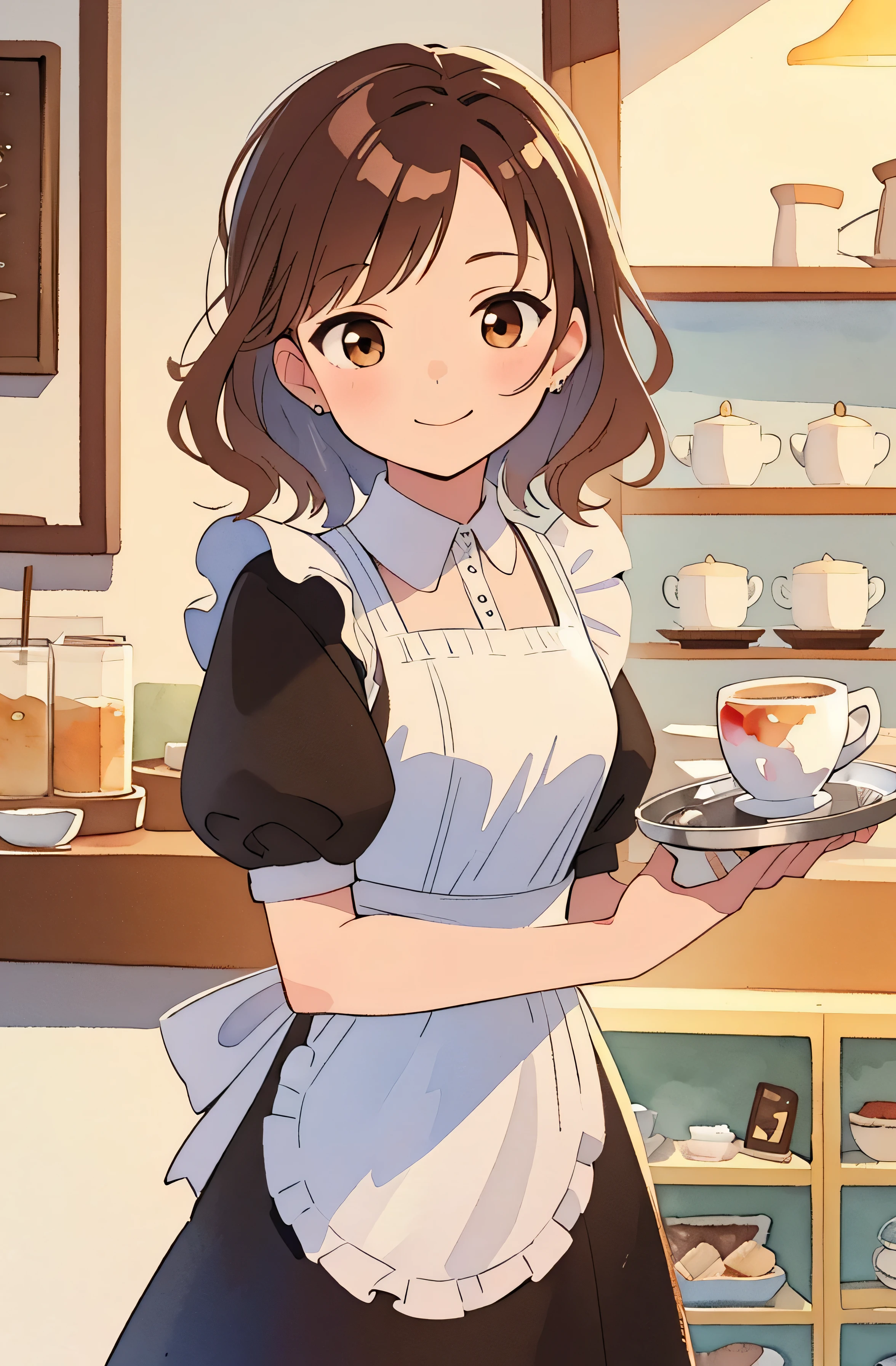 (best quality,ultrares,masterpiece:1.2) (watercolor: 1.25) (pastel colors: 1) 1 young asian woman welcoming you to her cafe ,black french maid costume, holding a delicious latte on a silver tray, charming expression, wavy brown hair, round brown eyes, cofee shop setting, early morning, warm smile