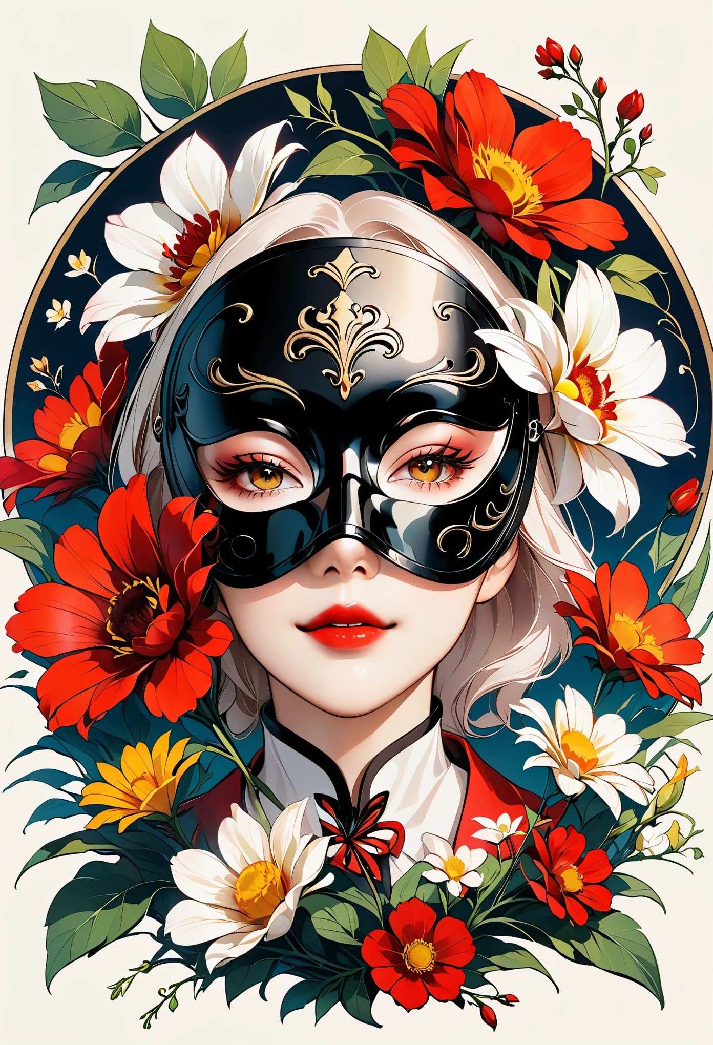 line，黑色line：1.5.黑色line勾勒出轮廓，Retro，LOGO design，illustrator，Masks full of flowers