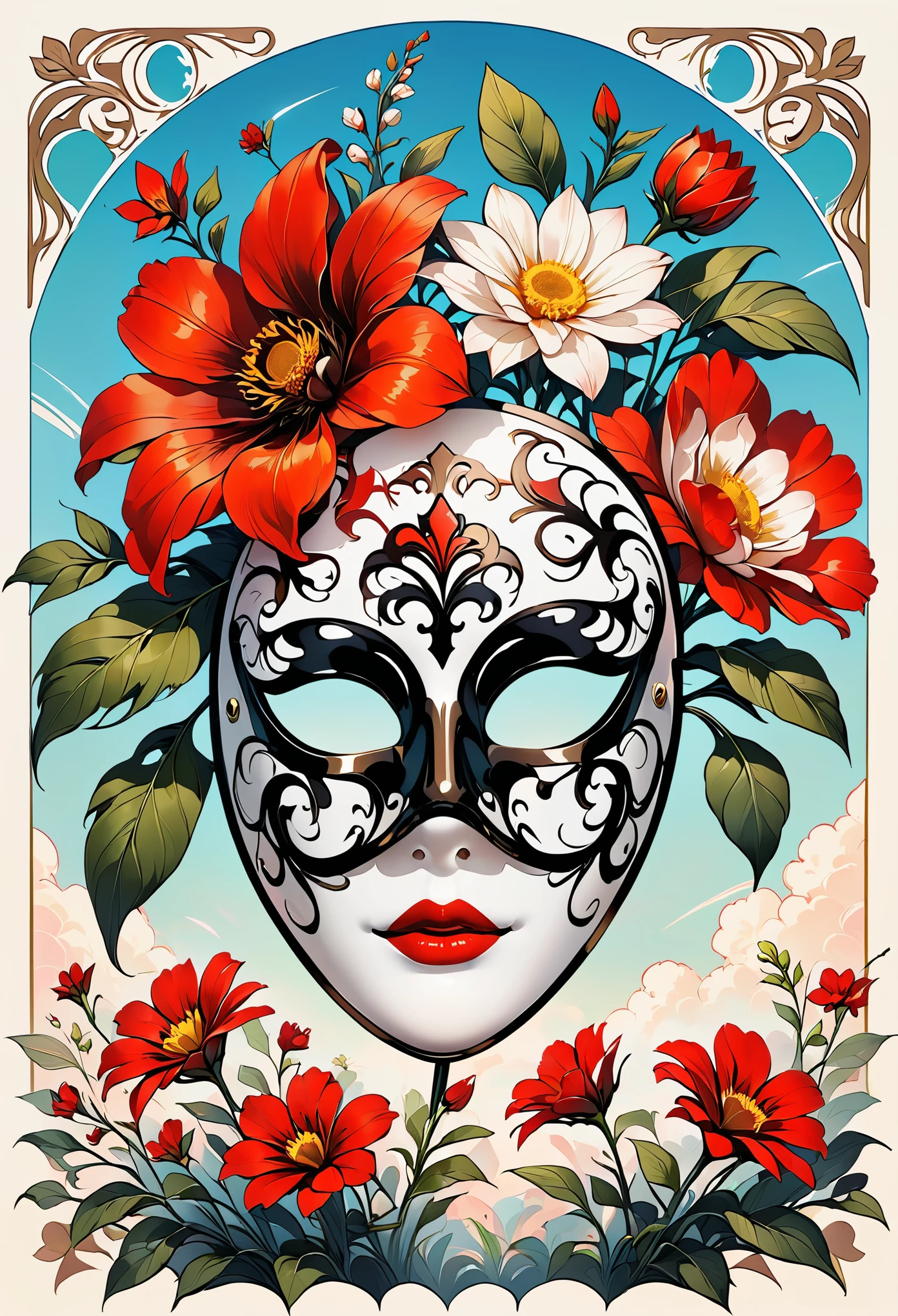 black lines outline，Retro，LOGO design，illustrator，Masks full of flowers