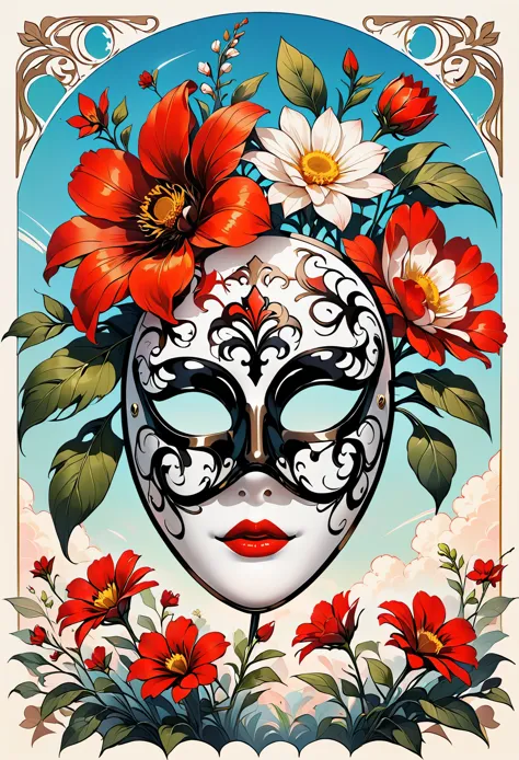 black lines outline，retro，logo design，illustrator，masks full of flowers