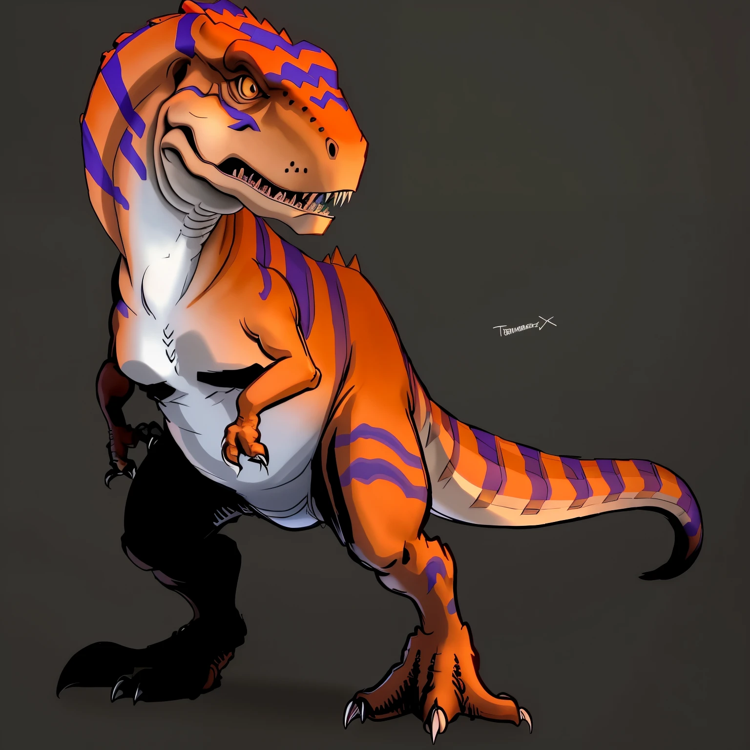 Um close de um dinossauro de desenho animado com uma faixa roxa e laranja  no corpo - SeaArt AI