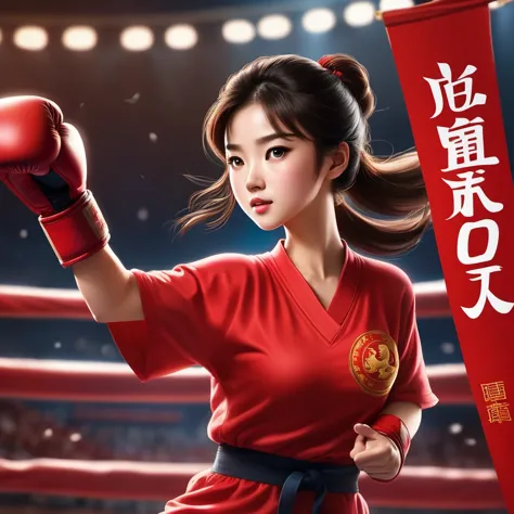 Chinese girl in red blouse in sparring match, (letters "china" on jersey: 0.85), dynamic kicking action, chinese movie poster, s...