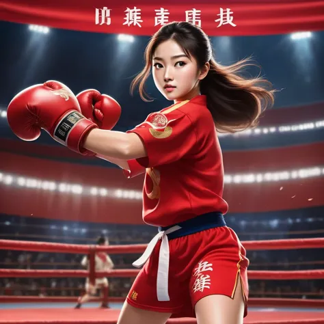Chinese girl in red blouse in sparring match, (letters "china" on jersey: 0.85), dynamic kicking action, chinese movie poster, s...