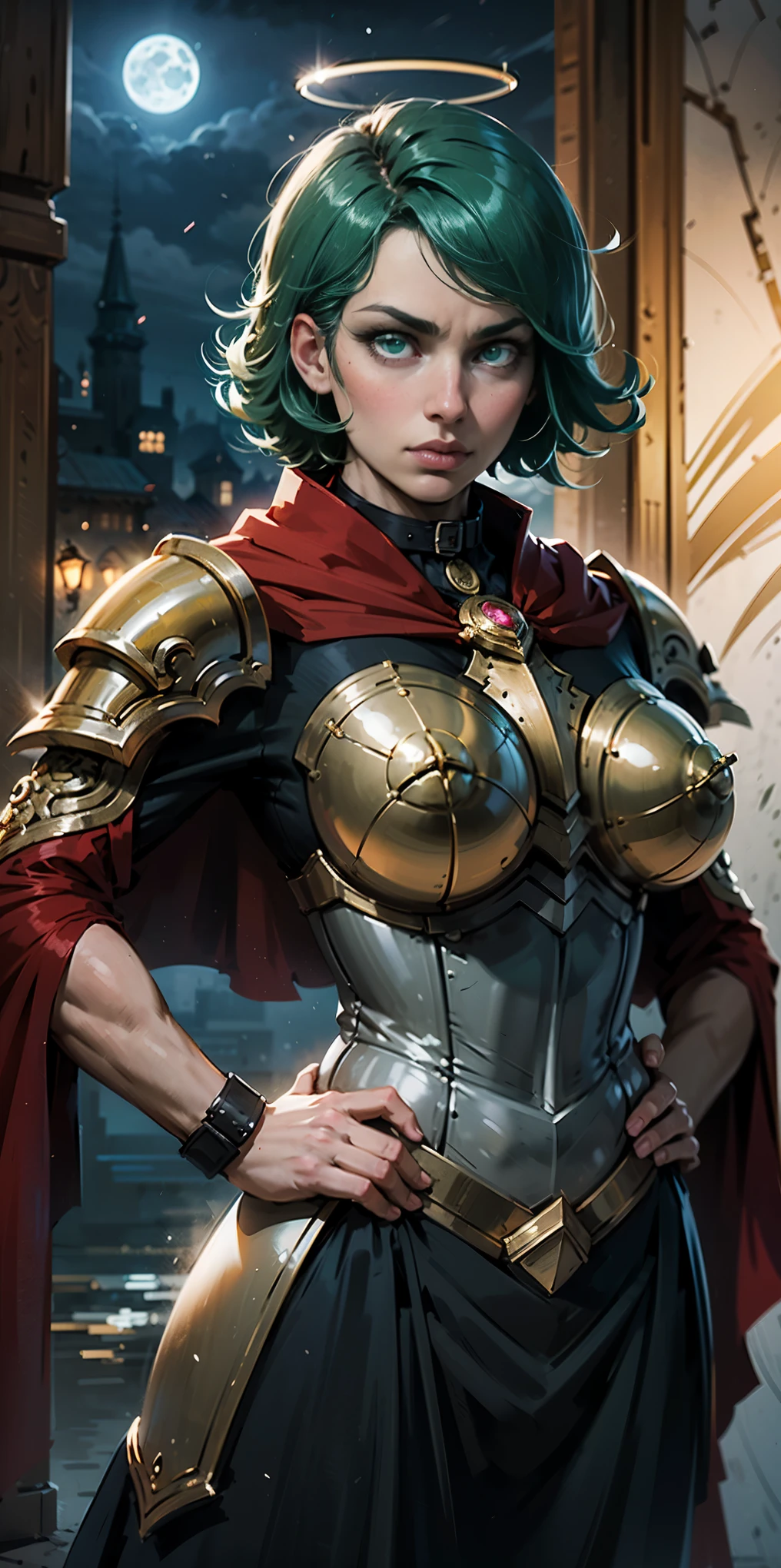 upper body of paladin lady in ornate golden armor, black collar, pauldrons, breastplate, corset, golden glowing halo over head, short bob hair, GREEN HAIR, GREEN glowing eyes, bright pupils, eye focus, red cape, temple indoors, stained glass windows, night, moonlight, particles, light beam, chromatic aberration, (hands on hips, clenching fist 👊 ✊️)