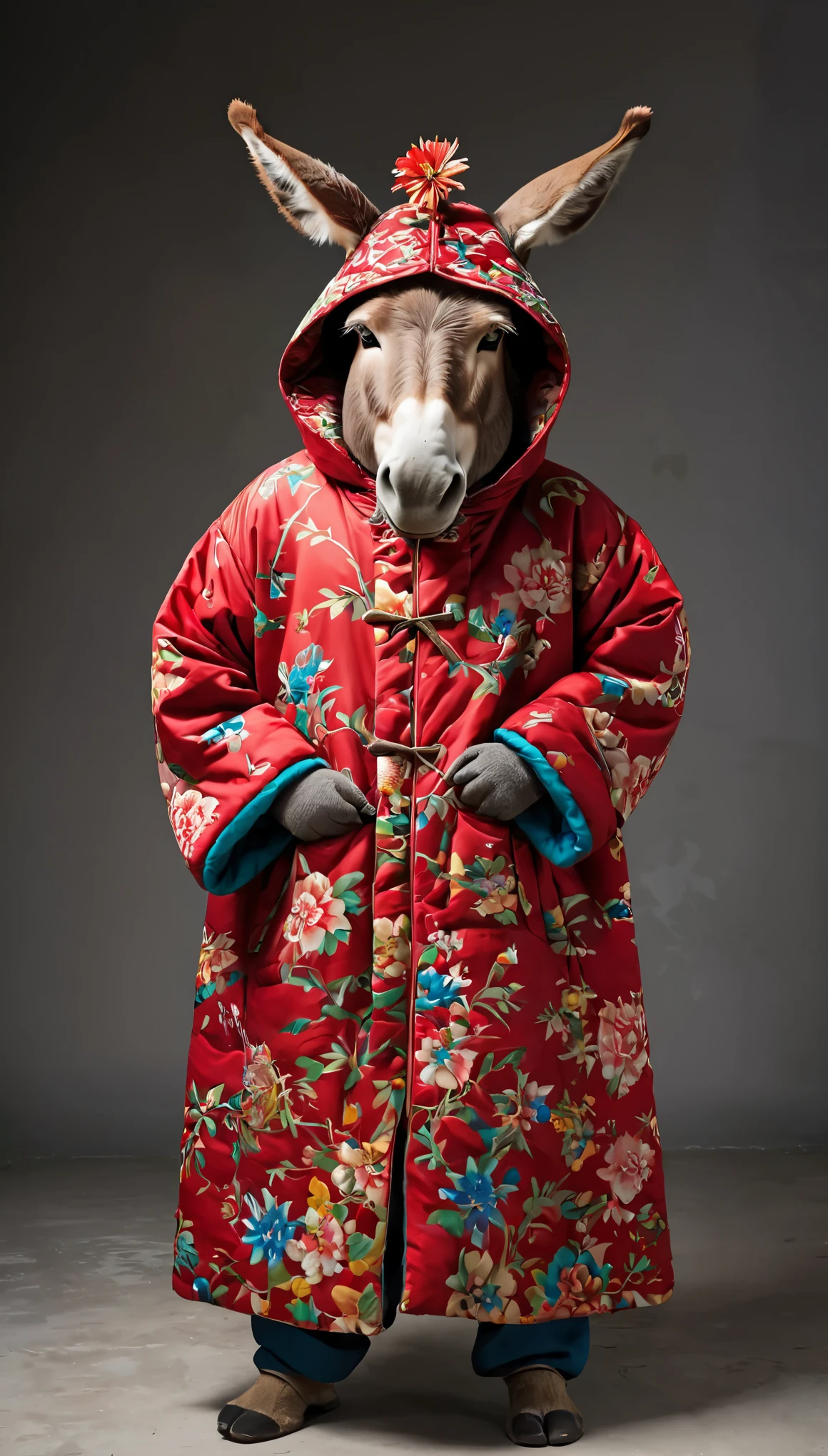 personification，Donkey man，Donkey-headed man，Wearing a Northeastern red floral thick cotton coat，Cross your arms，Head turned to one side stubbornly，8k，high quality，masterpiece