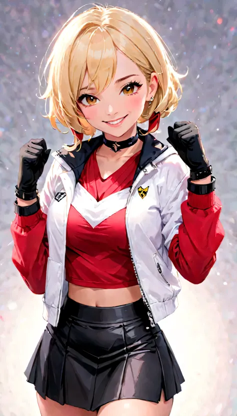 (best quality:1.2),solo,1girl,mdrin,smile,looking at viewer, victory pose, eyebrows,white jacket,red shirt,fingerless gloves,bla...