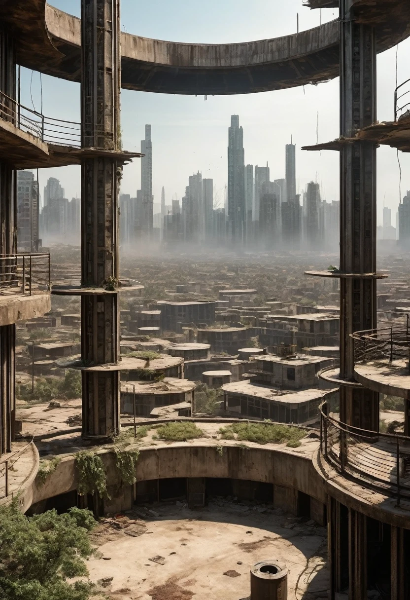 image of the view from inside the balcony of a tall circular tower in the center of a post-apocalyptic North American megalopolis, Vision of the whole city, a cidade tem tons de cinza, has smoky structures, carros abandonados nas ruas, apocalipse, vegetation taking over the buildings, estilo madmax, desert megalopolis, as realistic as possible, as detailed as possible