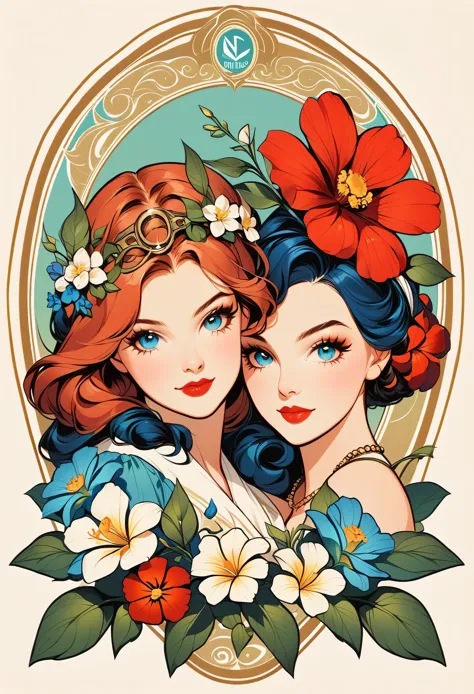 two women with flowers in their hair and a frame