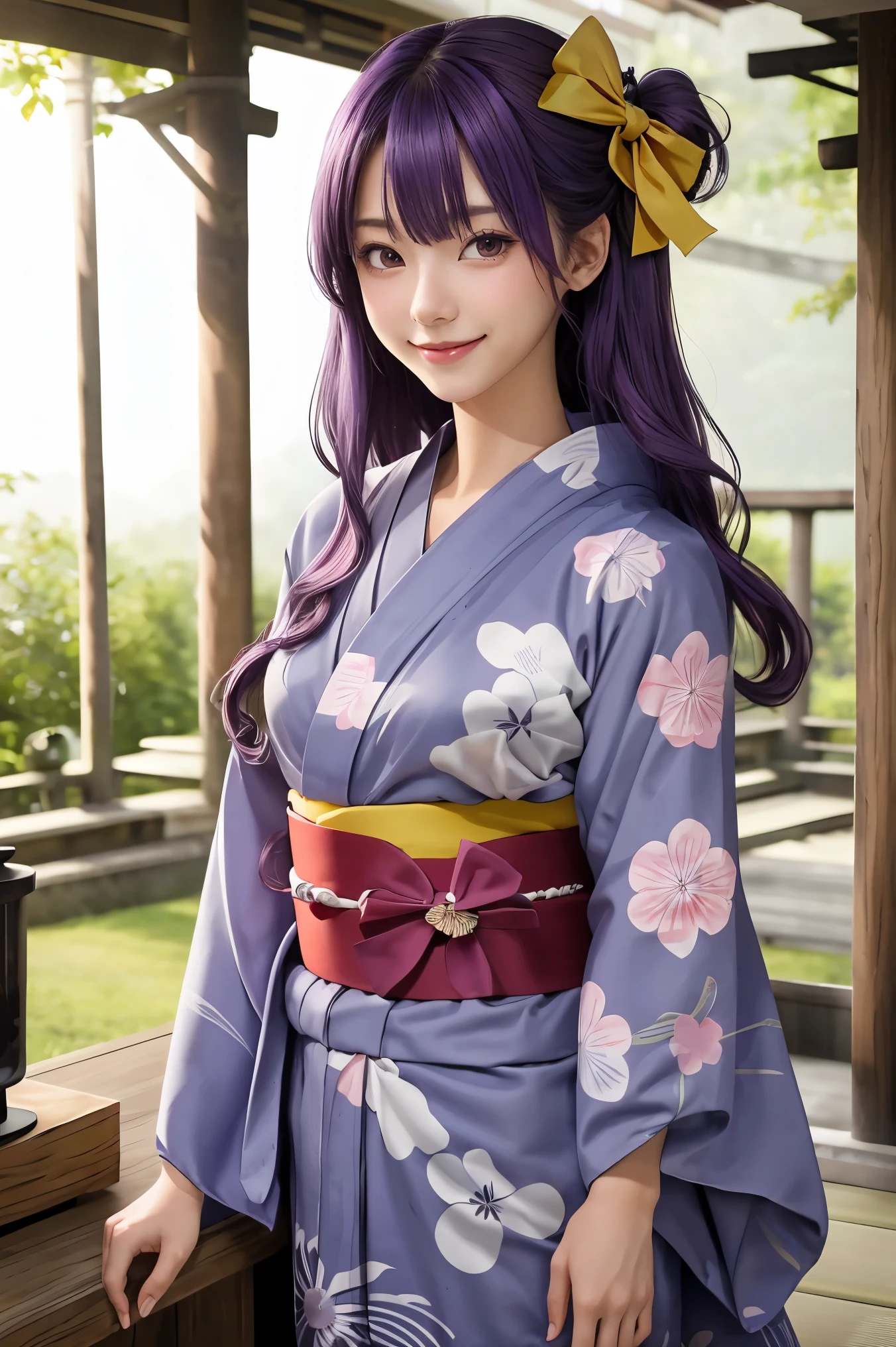 mais alta qualidade, obra de arte, Alta resolução, 1 garota, anime japonês, (yukata:1.40), (quimono:1.20),  cabelo longo, Cabelo roxo, arco, hair arco, Olho roxo, yellow arco, Similarmente, pink Similarmente, sorriso, Tasuki