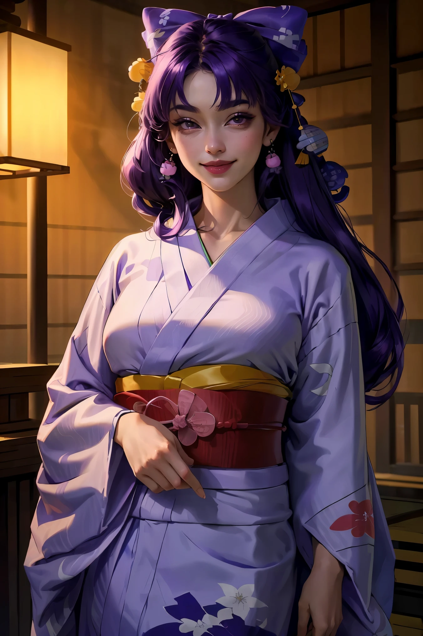 mais alta qualidade, obra de arte, Alta resolução, uma linda mulher, (yukata:1.40), (quimono:1.20),  cabelo longo, Cabelo roxo, arco, hair arco, Olho roxo, yellow arco, Similarmente, pink Similarmente, sorriso, Tasuki