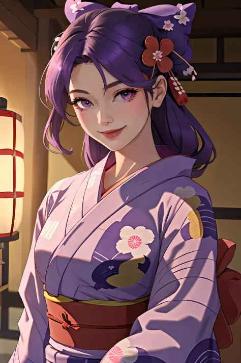 highest quality, masterpiece, High resolution, a beautiful woman, Semi Realistic, (yukata:1.40), (kimono:1.20),  long hair, purp...