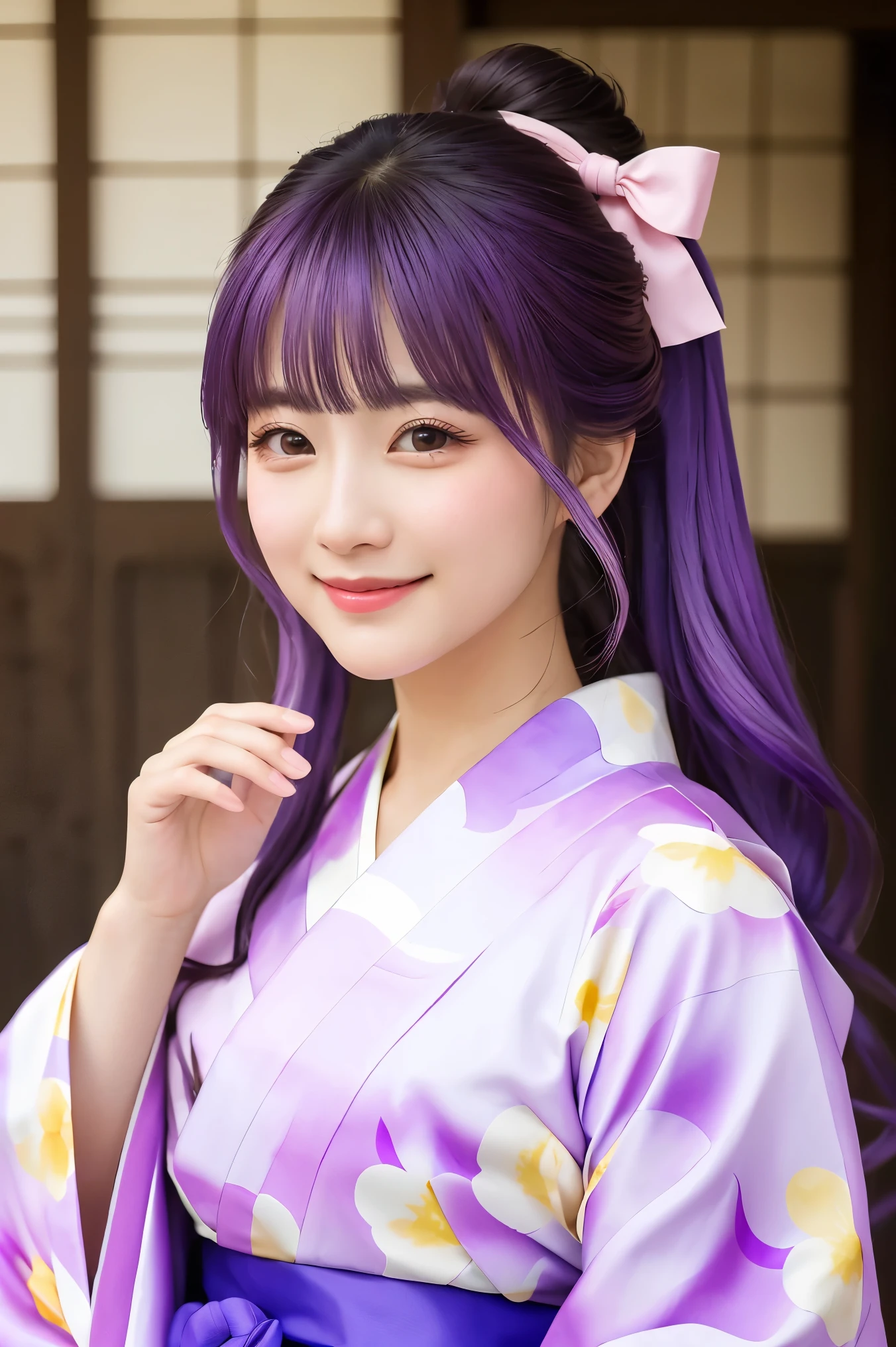 mais alta qualidade, obra de arte, Alta resolução, uma linda mulher, semi-realista, (yukata:1.40), (quimono:1.20),  cabelo longo, Cabelo roxo, arco, hair arco, Olho roxo, yellow arco, Similarmente, pink Similarmente, sorriso, Tasuki