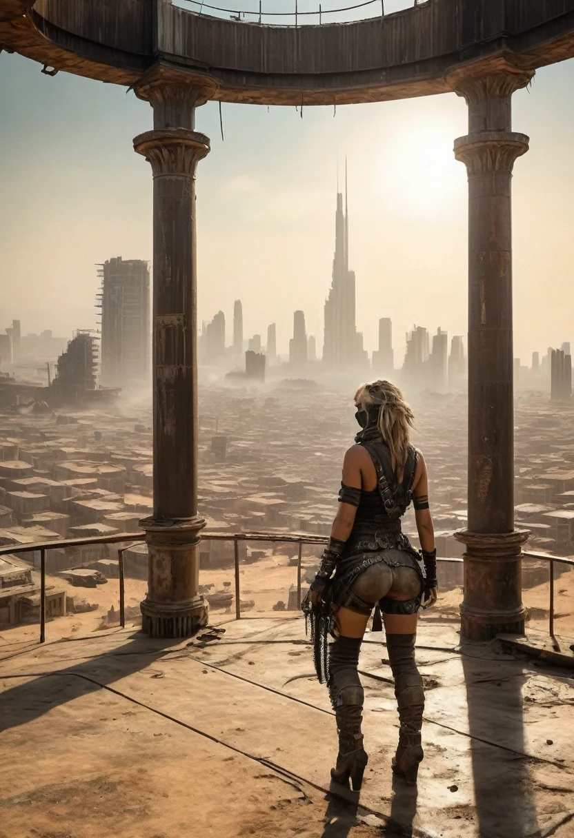 image of the view from inside the balcony of a tall circular tower in the center of a post-apocalyptic North American megalopolis, Vision of the whole city, a cidade tem tons de cinza, has smoky structures, carros abandonados nas ruas, apocalipse, vegetation taking over the buildings, estilo madmax, uma garota linda e com roupas estilo madmax andando na rua ao longe, desert megalopolis, as realistic as possible, as detailed as possible