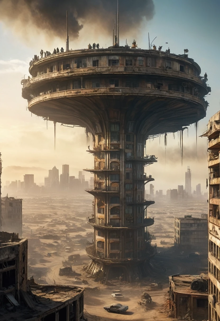 image of the view from inside the balcony of a tall circular tower in the center of a post-apocalyptic North American megalopolis, Vision of the whole city, a cidade tem tons de cinza, has smoky structures, carros abandonados nas ruas, apocalipse, vegetation taking over the buildings, estilo madmax, uma garota linda e com roupas estilo madmax andando na rua ao longe, desert megalopolis, as realistic as possible, as detailed as possible