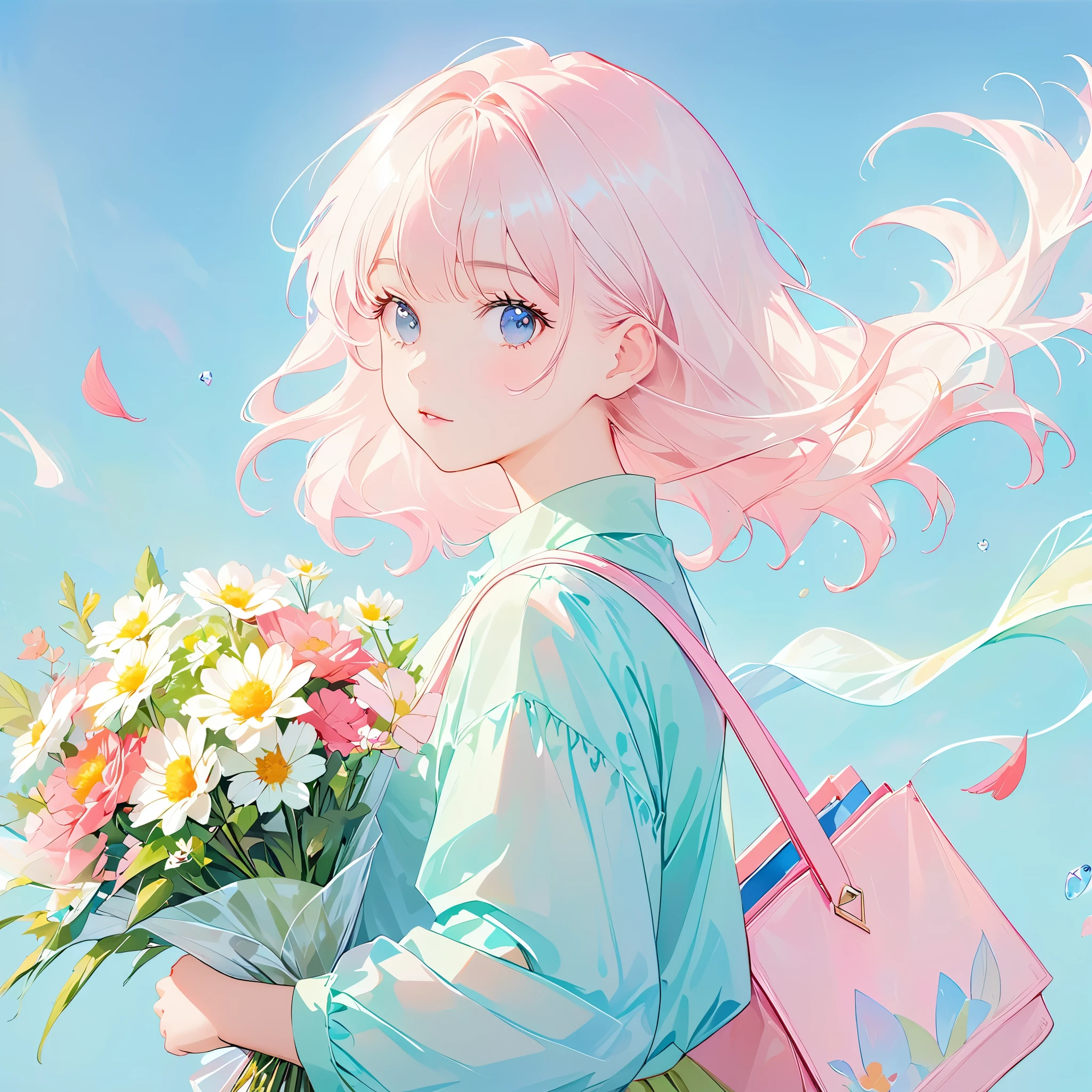 flat illustration，Minimalism，Geometry，abstract Memphis，anime portrait，close shot，holding a bouquet of flowers in hand，focus on face， wearing light green shirt，Short pink skirt，Holding flowers in hand，Light pink canvas bag on shoulder，Long platinum blonde hair，Lane Blue Background，style expression，celluloid