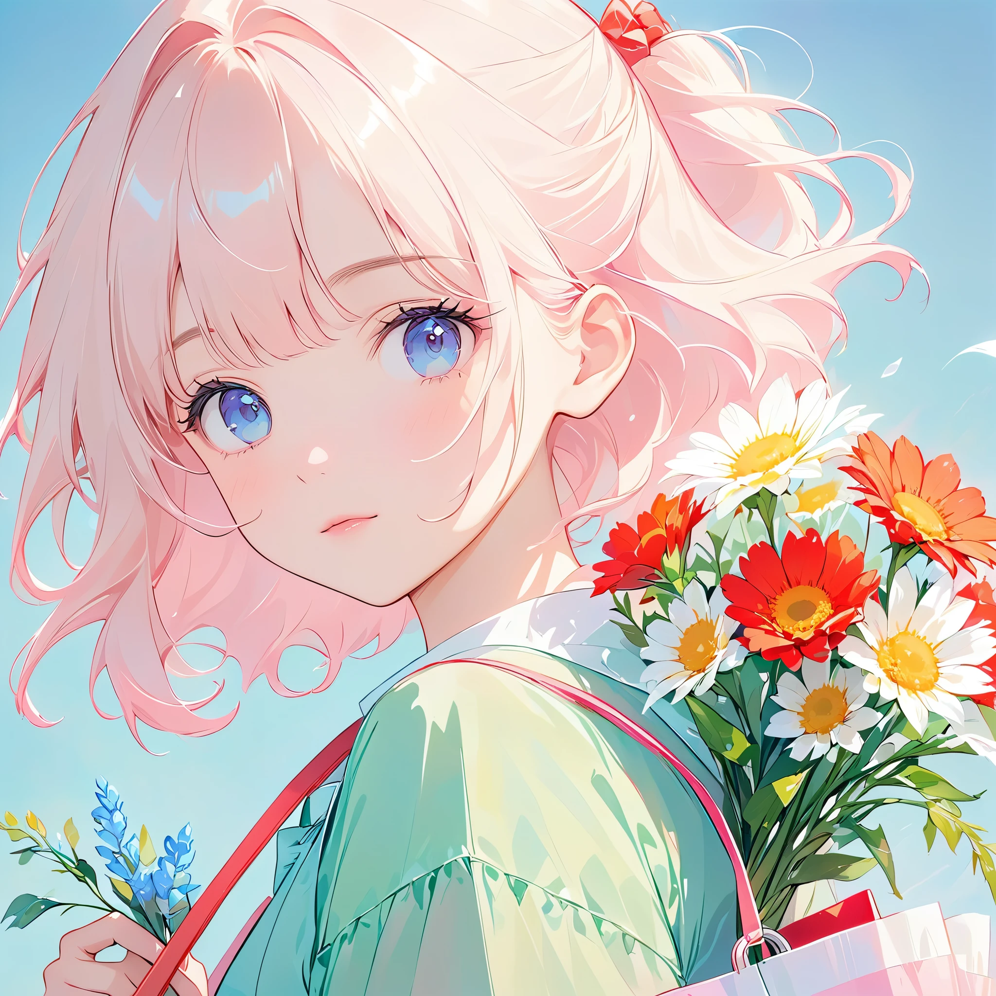 flat illustration，Minimalism，Geometry，abstract Memphis，anime portrait，close shot，holding a bouquet of flowers in hand，focus on face，little girl wearing light green shirt，Short pink skirt，Holding flowers in hand，Light pink canvas bag on shoulder，Long platinum blonde hair，Lane Blue Background，style expression，celluloid