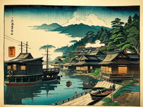 arafed view of a japanese village with a boat in the water, in the edo era, japanese scenery in edo period, inspired by Ogata Kō...