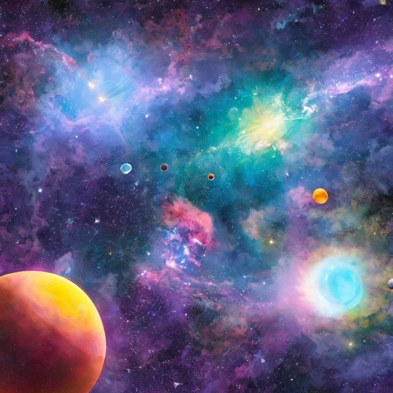 A vibrant cosmic scene with a large translucent sphere encompassing a smaller, glowing orb surrouned by various colorful nebulae and star clusters against a starry space background, featuring a swirling galaxy in the distance