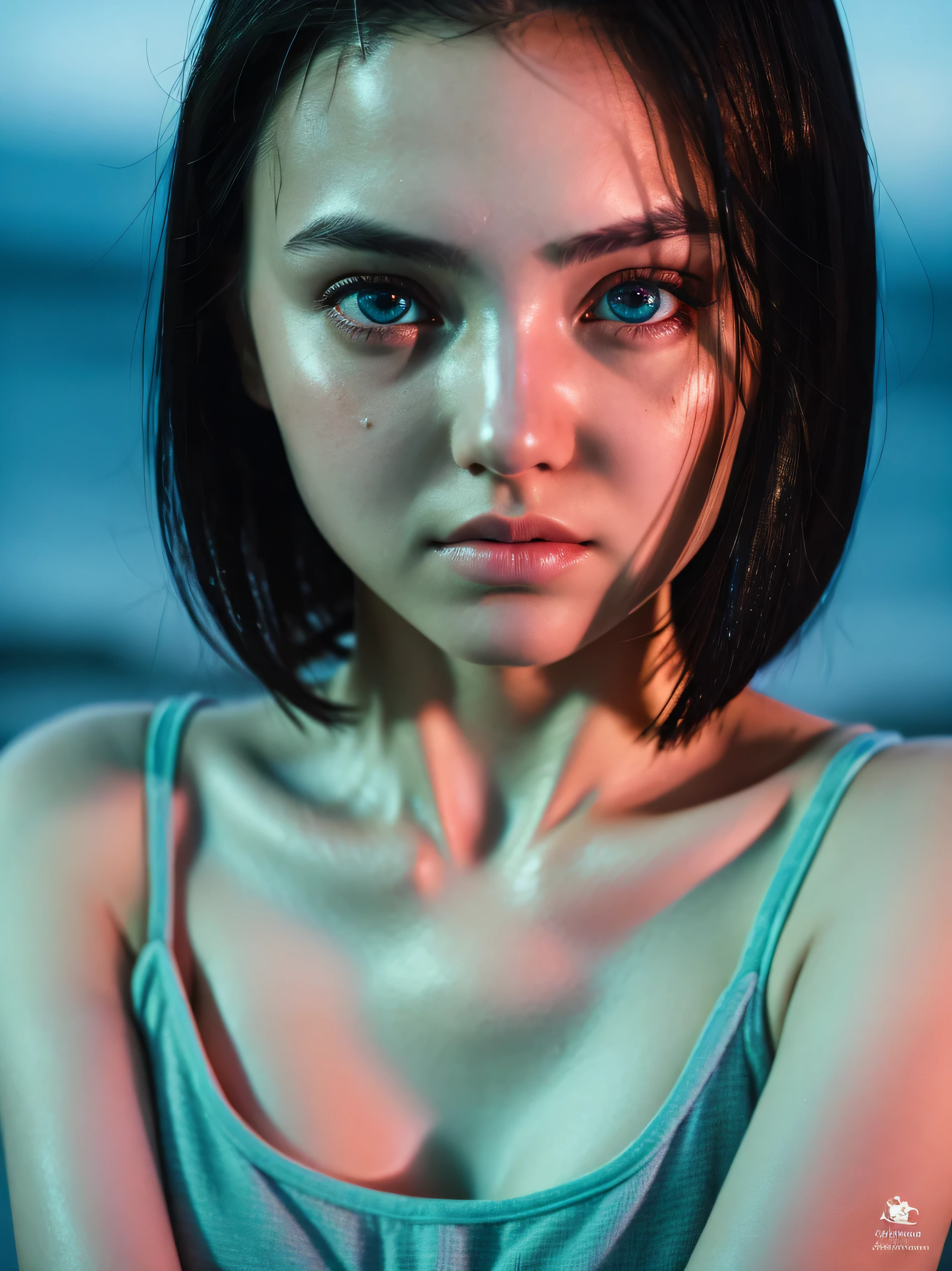 An exquisite masterpiece of top quality and high resolution featuring Marnie. Big sleepy eyes, Aqua eyes、Glowing under the dim light. black short hair, only head and shoulders, magazine style, pink top, russian girl, hyperrealistic. Android 17, wet skin, 
