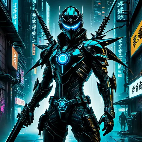 Black cyber gear, ninja sword, shuriken, bionic arm, cyber implants, featuring advanced ninja tools and mechanical body modifica...
