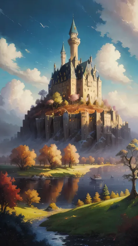 fantasy art absurd high resolution masterpiece best quality alois aneghan antoine blanchard town castle forest sea sky clouds