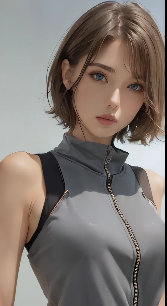 A woman with a short hair and a gray top posing - SeaArt AI