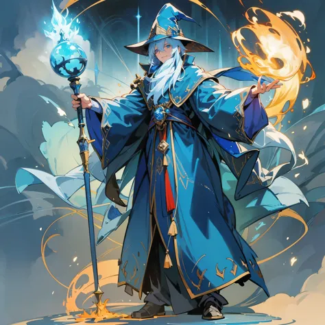 an older man(European medieval magician)，Wearing a mage hat，Wearing a blue mage robe，Holding staff，Stand in the magic array，rele...
