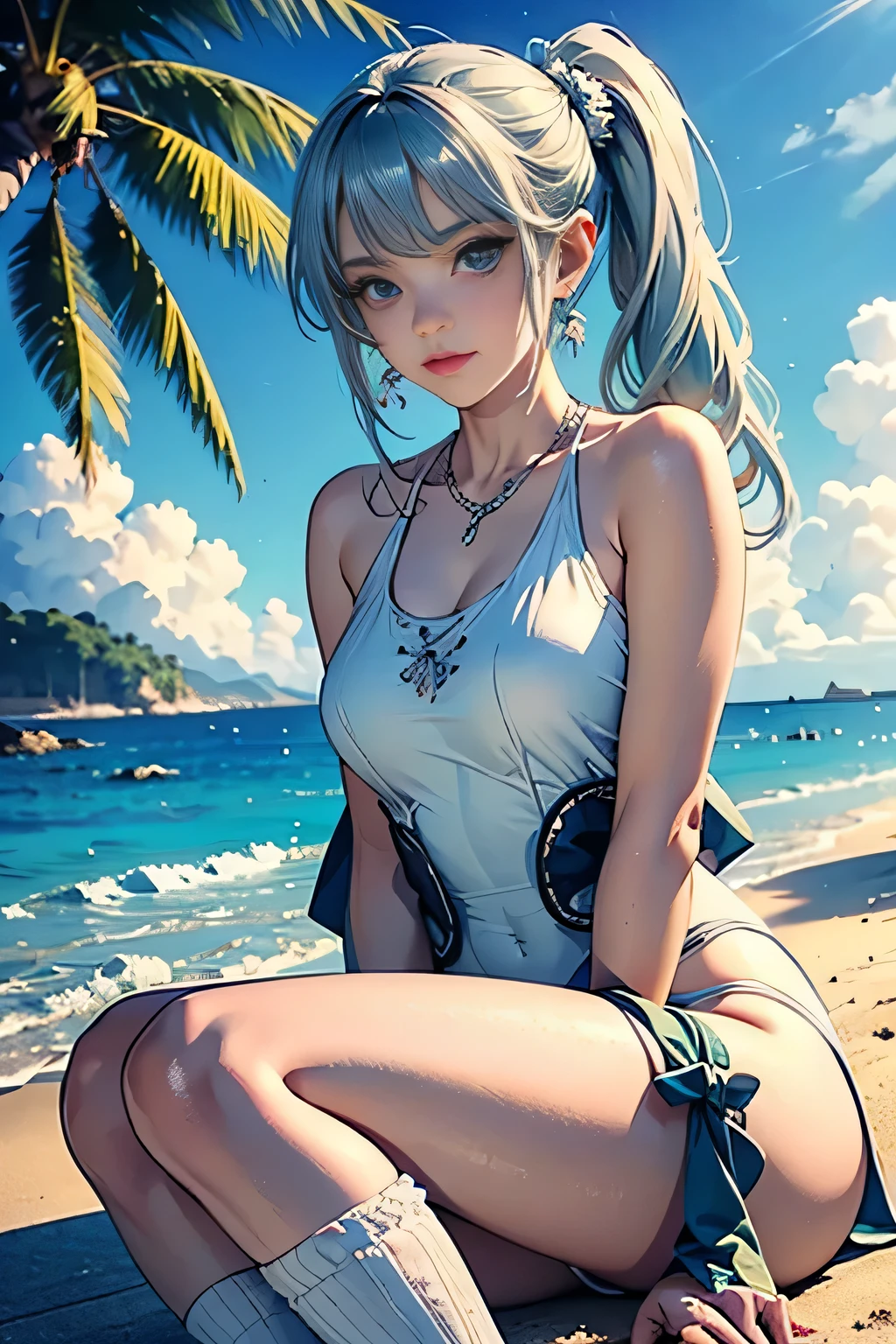 low angle,from below, ((masterpiece, highest resolution,best quality)), (illustration), ((1girl,cute,japanese,young,semi long beautiful silver green hair,side ponytail,beautiful blue eyes)),(solo),(white elegant one piece swimsuit),(flat sitting on the sand),
innocent smile, white over-kneehighs,Lace chalker, wristband, fingerless gloves, over-kneehighs,
Lace chalker, diamond necklace,wristband, fingerless gloves, earrings, windy,cinematic lighting, beach, sand, blue sky, waves, coconut tree,