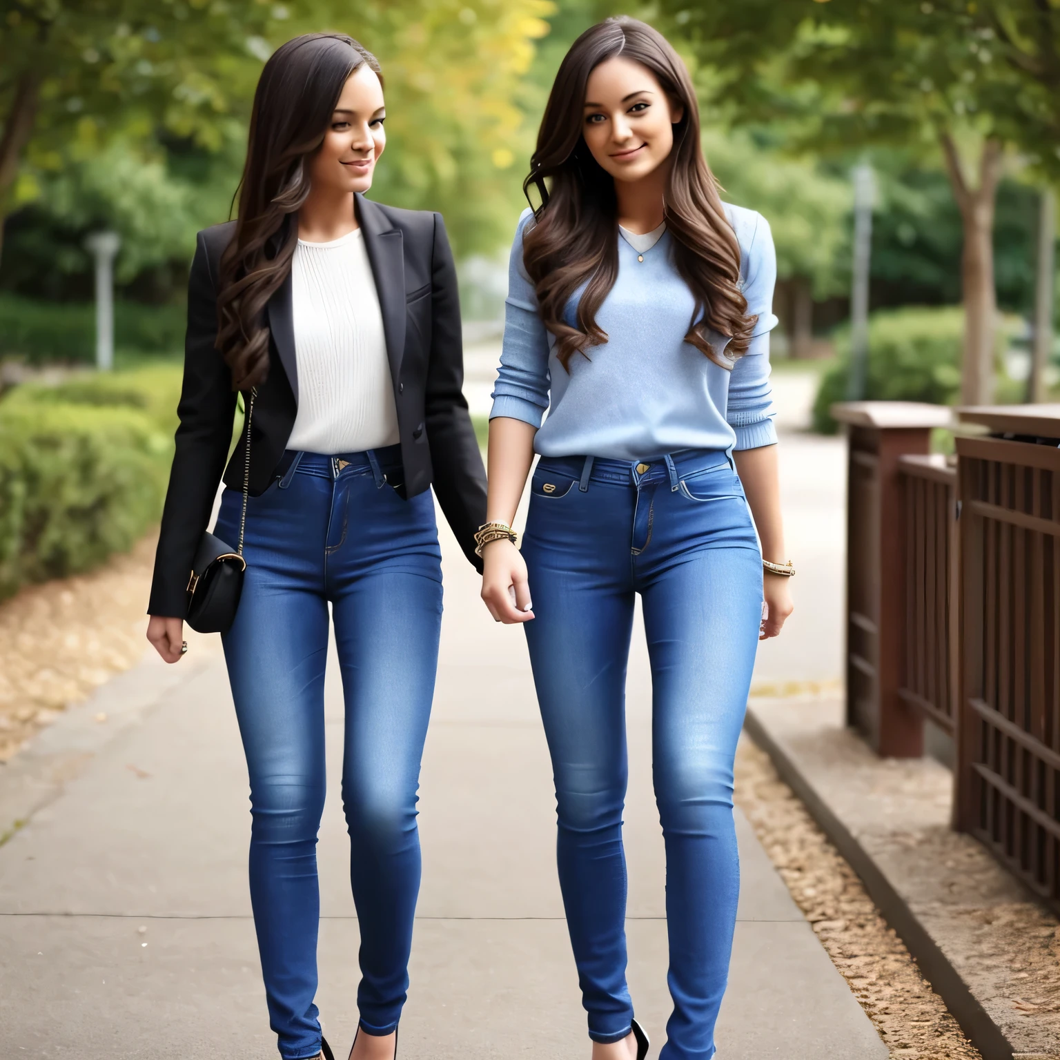 Two women walking down a sidewalk in jeans and heels - SeaArt AI