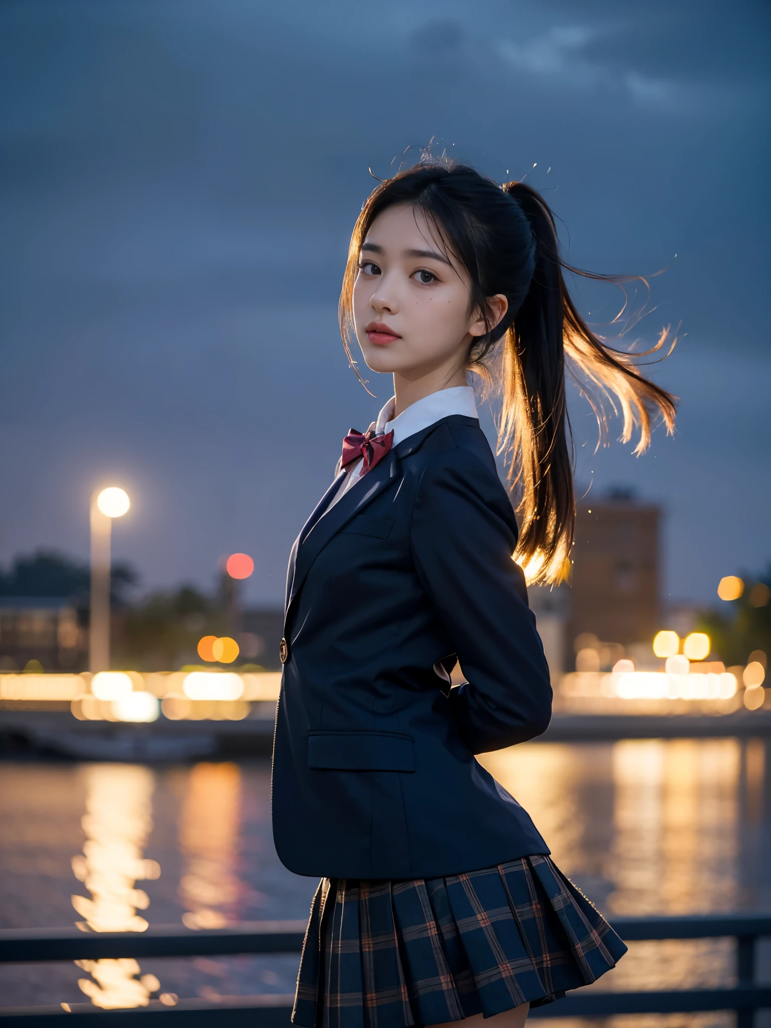 (masterpiece, highest quality:1.4), award-winning portraits, 8K, 85mm, alone, beautiful face, delicate girl, , (dark navy blazer jacket, turn your arms behind your back, close your face:1.2), dark navy skirt, long sleeve, violaces, gardenia, grace, Sophisticated, cute, teen, looking at the viewer, 15 years old, Raw photo, disorganized, HDR, sharp focus, A bow tie, background bokeh、(((flat 、thin and delicate body、A childish atmosphere)))、shiny semi-long hair、ponytail、Mole on the left cheek、large, round, dark blue eyes、(knee shot)、the skirt is swaying in the wind、((Uplifting、come running to me、hair waving in the wind))、