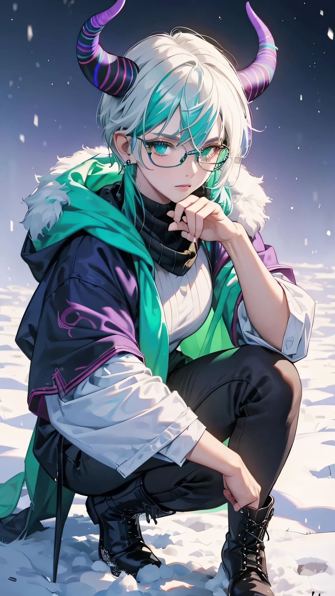 8k, masterpiece, best quality, highly detailed, 1girl, tiefling, warlock, multicolored hair, very short straight hair green highlight hair on white hair, strippled hair, wearing glasses, earrings, necklace, mole, glowing green eyes, glamorous, garden, teal and purple wintercoat, boots, villainy, seductive pose, close up view, scarfs, rings, looking at viewer, demon horns, snow, winter,  fullbody view.