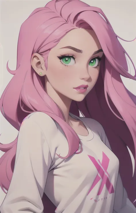 Girl, long pink hair, green eyes, sharp features, white skin, pink lips, red t-shirt with sleeves