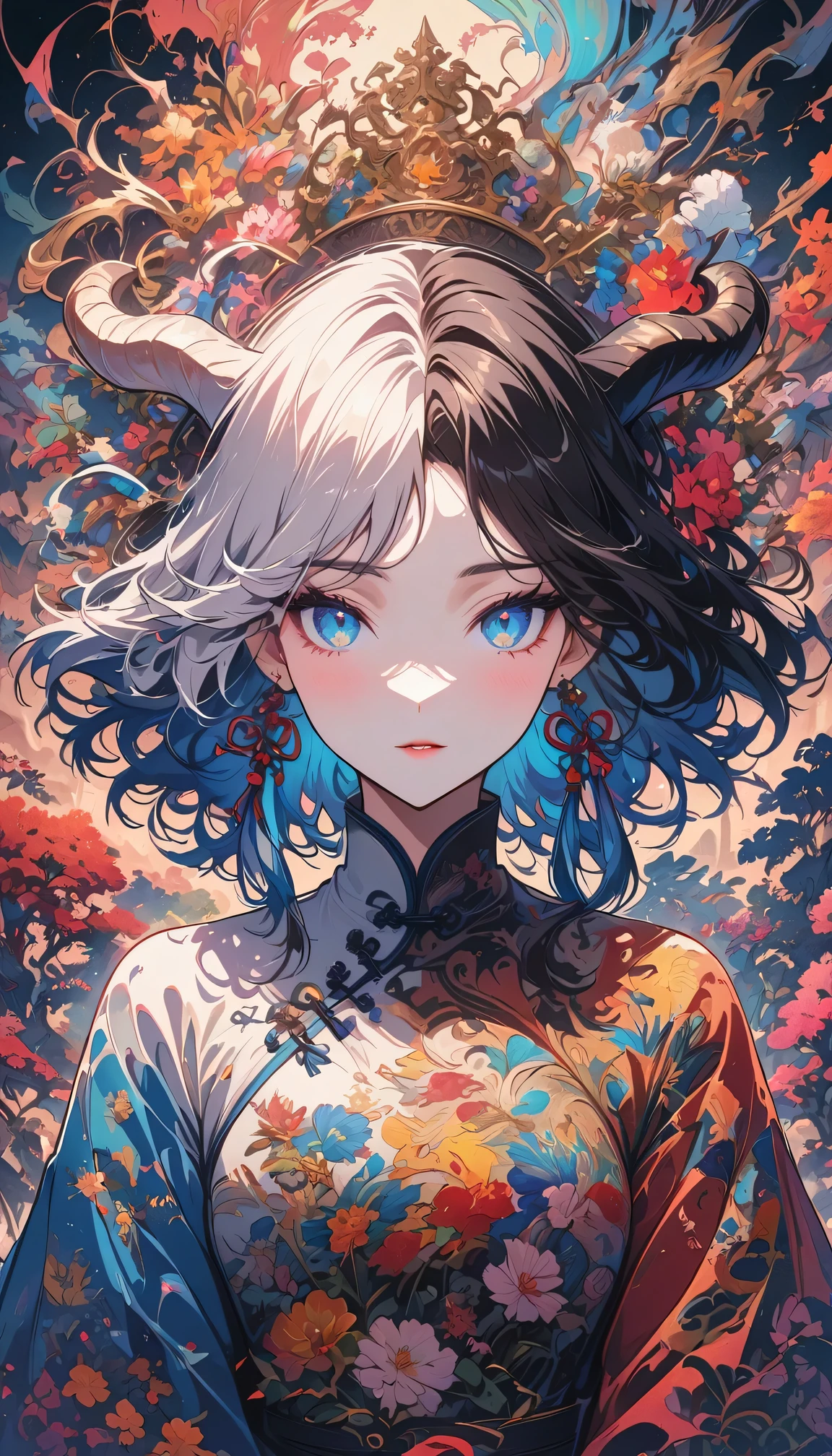 Designed by nty, a woman is, (Albino demon girl standing, long and complex horns:1.2, colorful clothes), intricate details, Colorful background, Abstract,Onmyoji Detailed Art, Oriental traditional art style, beautiful painting style, Ukiyo-style, masterpiece, top quality, best quality, ultra high resolution