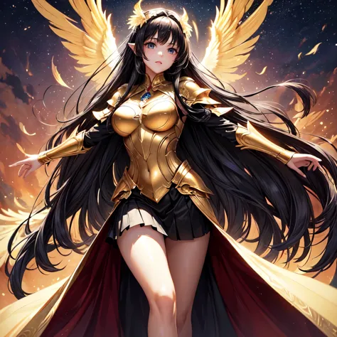 best quality, extremely beautiful, beautiful face, angel woman, (two huges golden wing : 1.2), revealing armor with open front s...