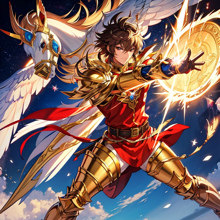 Seiya, der bronzene Ritter aus Saint Seiya. Seine bronzene Rüstung ist die Rüstung des Pegasus. Seiya hat braune Haare und Augen, Er trägt rote Kleidung, ein rotes T-Shirt und eine rote Hose, seine Rüstung schützt seine Beine, Arme und Brust, he has a golden belt. Er hat bronzefarbene und goldene Farben für die Pegasus-Rüstung hinzugefügt, Sternenstaub und blaue Lichtenergie Pegasus.