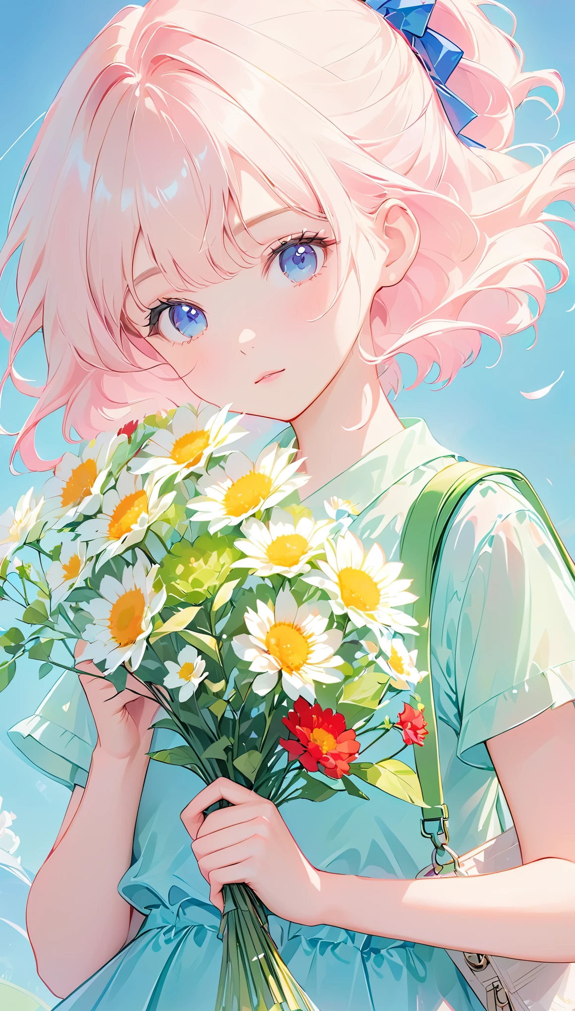 flat illustration，Minimalism，Geometry，abstract Memphis，anime portrait，close shot，holding a bouquet of flowers in hand，focus on face，little girl wearing light green shirt，Short pink skirt，Holding flowers in hand，Light pink canvas bag on shoulder，Long platinum blonde hair，Lane Blue Background，style expression，celluloid