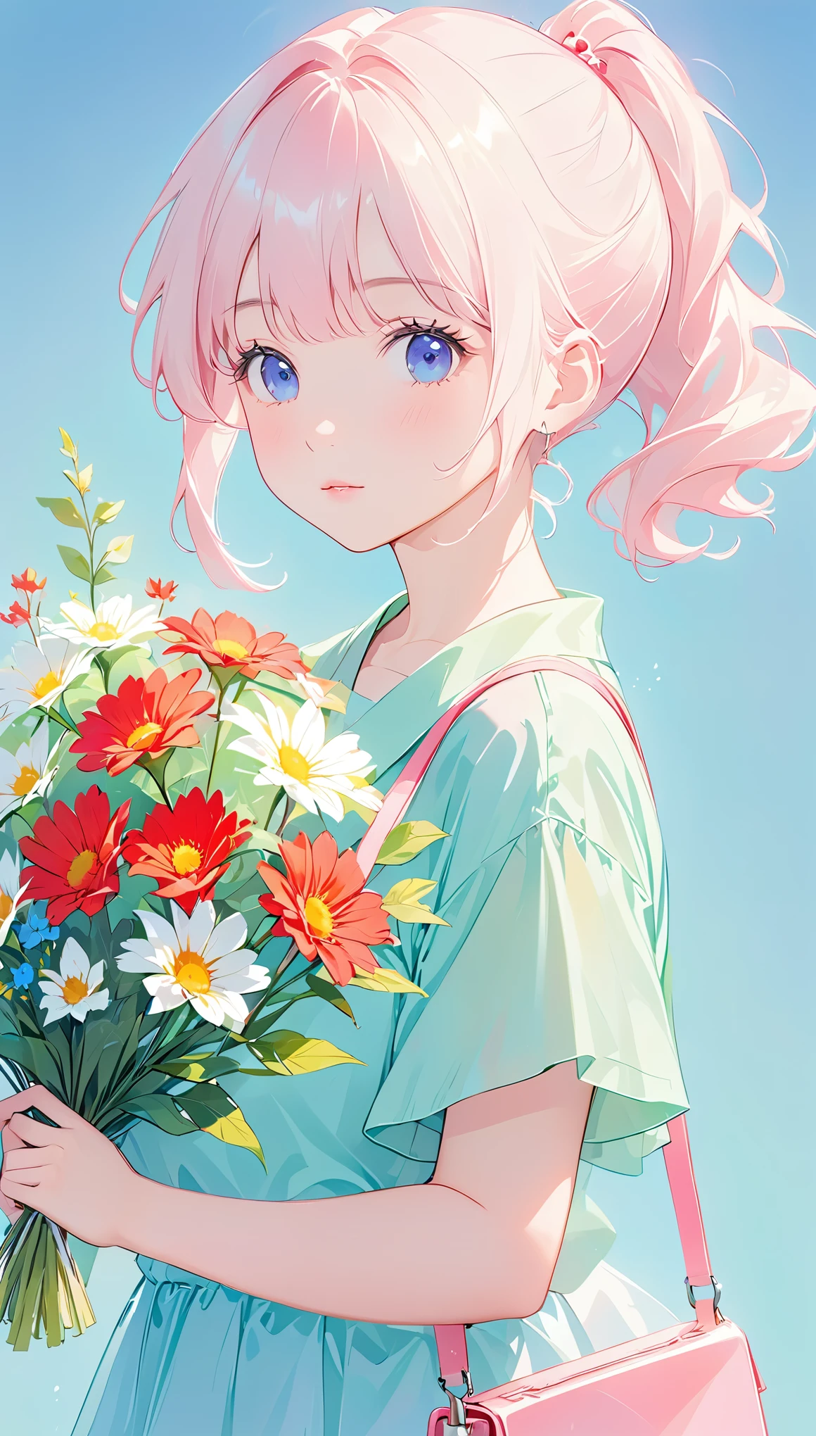 flat illustration，Minimalism，Geometry，abstract Memphis，anime portrait，close shot，holding a bouquet of flowers in hand，focus on face，little girl wearing light green shirt，Short pink skirt，Holding flowers in hand，Light pink canvas bag on shoulder，Long platinum blonde hair，Lane Blue Background，style expression，celluloid