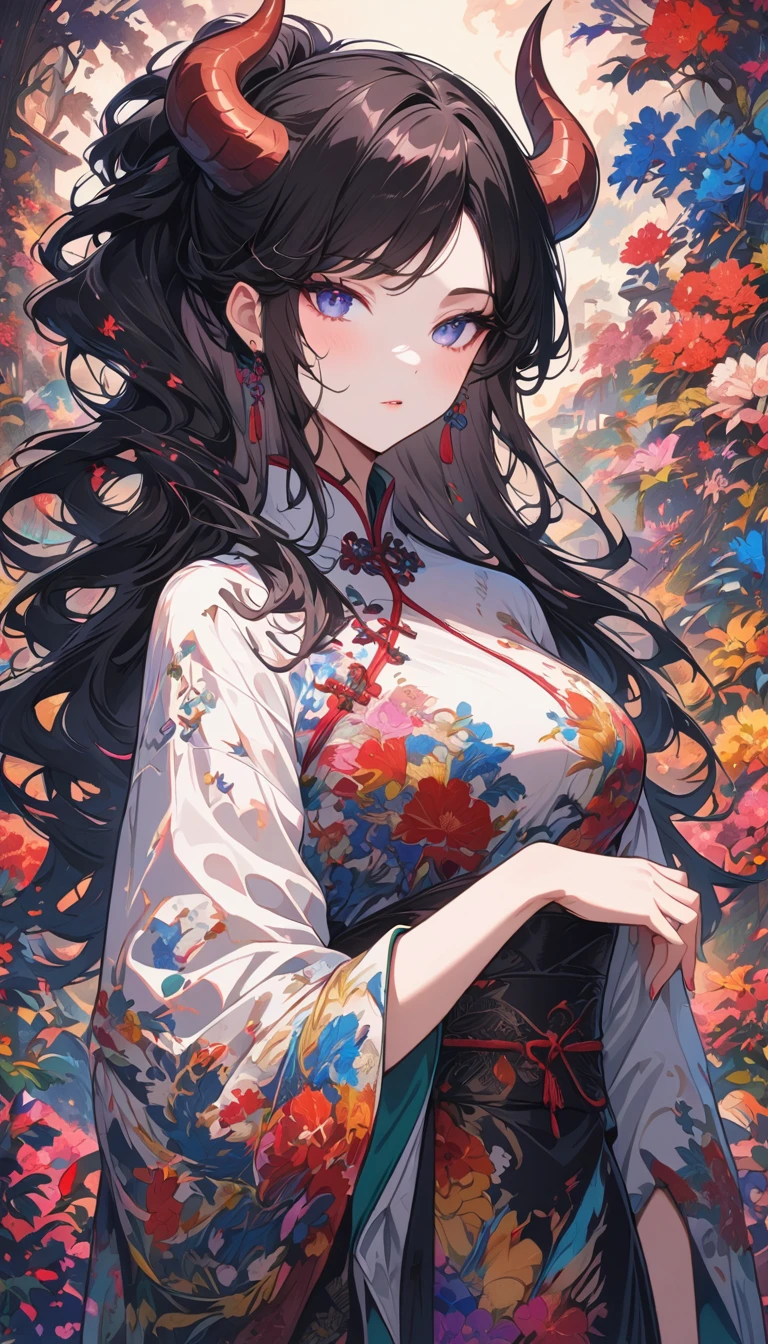 Designed by nty, a woman is, (Albino demon girl standing, long and complex horns:1.2, colorful clothes), intricate details, Colorful background, Abstract,Onmyoji Detailed Art, Oriental traditional art style, beautiful painting style, Ukiyo-style, masterpiece, top quality, best quality, ultra high resolution