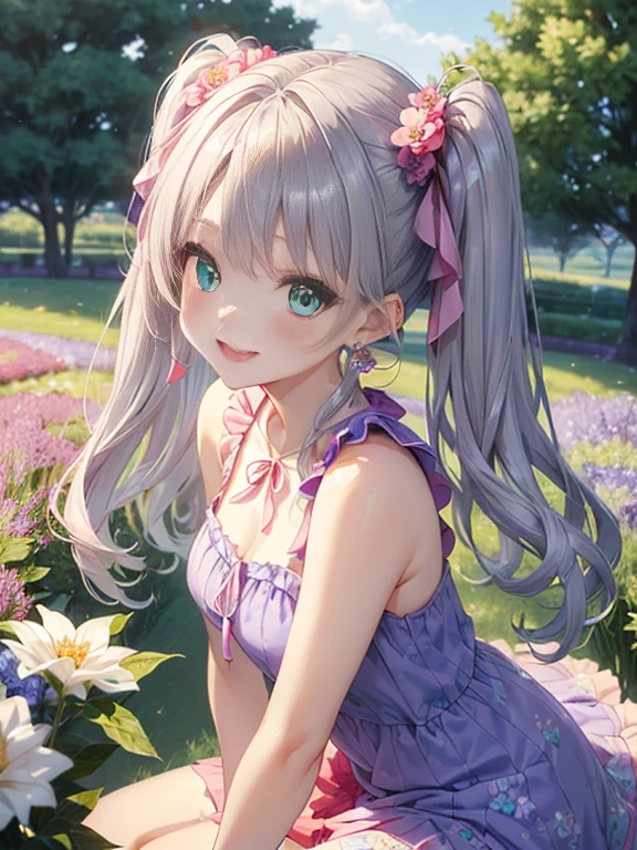 小さなgirl、The arrival of spring、big butt、 (alone:1.5,)Super detailed,bright colors, very beautiful detailed anime face and eyes, look straight, ;d, shiny_skin,girl, ((silver long hair,Inner color is red 、forehead is exposed.、green eyes、、shiny hair, delicate beautiful face, blush、(turquoise eyes), White skin, Valletta, earrings,、blue flower field、(((floral pink ruffle dress、purple mini skirt)))、twin tails、smile、happy face、face dyed red