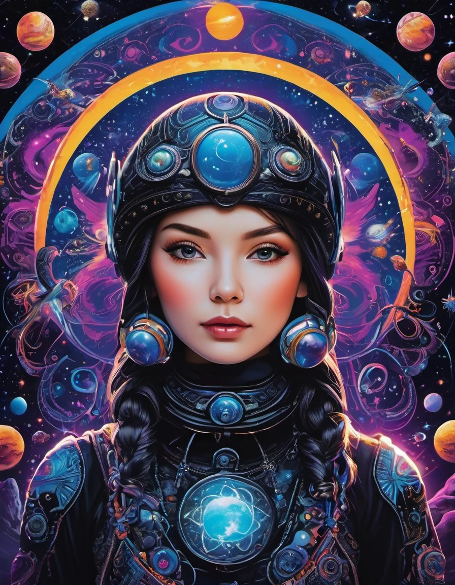 ((((Black light poster art)))), Design a captivating work of art，Featuring a mysterious and fascinating space explorer, Decorated with glowing celestial symbols，Surrounded by rotating galaxies, sense of adventure